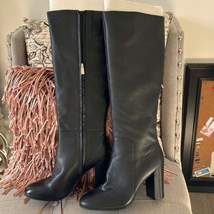 Kenneth Cole Justin black leather tall boots. Size 10. Calf 17 in. New, not worn